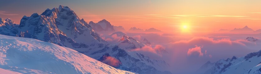 A snowy mountain landscape during sunset, icy peaks as the element of subject, Banner background for winter themes, Sharpen banner background concept 3D with copy space