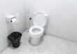 White toilet bowl in bathroom corner. Toilet paper with sanitary bag and trash can. Clean toilet seat.