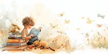 Watercolor Illustration Of A Girl Reading Nearby A Stack Of Books, Horizontal Banner, With Space For Text, Banner, Background.
