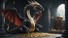 3d Dark Evil Dragon Is Guarding Next To The Vault Full Of Treasure And Golden Coins, Game Scene Design