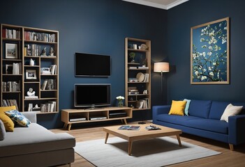 Dark blue wall in night time have tv on wood cabinet in living room with sofa