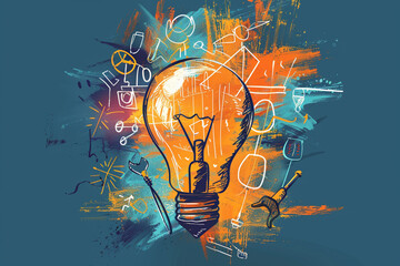 Wall Mural - Innovation Lab, Sketch of a lightbulb with various scribbled tools inside, representing the workshop of ideas  