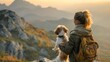 Tourist woman holding her dog at a mountain viewpoint in morning light. Concept Travel Photography, Pet Portraits, Mountain Views, Early Morning Light