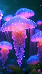 Wall Mural - Vertical Jellyfish floating in magical ocean. Beautiful cosmic neon purple sea. collection of animals. 3d animation of a seamless loop. Underwater world glowing fish in the water. Marine life. Pink