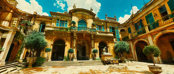 Wall Mural - Majestic Royal Palace in Spain, Historic Architecture with Lush Gardens and Ornate Details