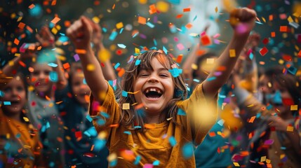 Wall Mural - Cheerful little girl has confetti at birthday party with group of friends who were cheering and celebrating with confetti falling down