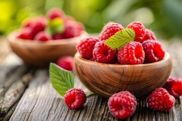 Fresh red raspberries in wooden bowls  healthy snack display in sunlit warehouse kitchen