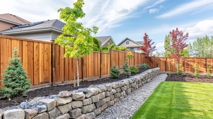 Wall Mural - A recently constructed wooden fence featuring decorative stones on its stone pillars. Landscaping. Trimmed lawn and rock hill. Young maple tree. Solid fence wall. House territory accomplishment
