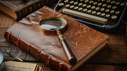 Black leather book, typewriter, magnifying glass, pocket watch and quill pen on the brown wooden desk table background