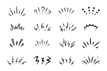 Set of doodle brush signs inspiration, surprise, attention, question, shock, concentration. Sketch stroke lines.