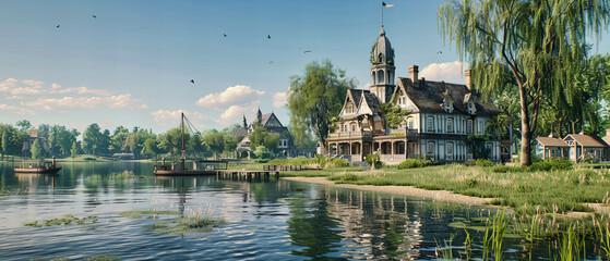 Sticker - Medieval European Town Reflected in River, Historic Buildings and Bridges in Scenic Setting