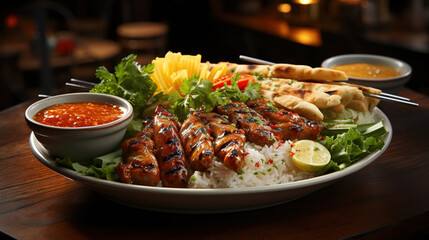 Delicious Grilled Meat Stick Skewers With Salad and Sauce On Defocused Background