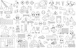 © Lexi Claus - Black and white vector construction site and road work set. Building line icons collection with funny kid builders, transport, bulldozer, tractor, truck, crane. Cute repair service coloring page