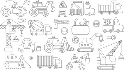 Wall Mural - Black and white vector special transport set. Construction site, road work, building transport line icons with bulldozer, tractor, truck, crane. Cute repair service vehicles coloring page