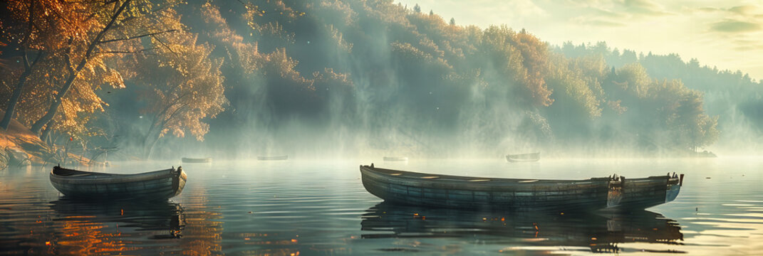 Misty Morning on a Tranquil Lake with a Lone Boat, Autumnal Reflections in Calm Water, Scenic Foggy Landscape