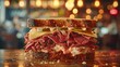 Delicious Reuben sandwich photography,A classic Reuben sandwich with layers of corned beef tangy sauerkraut melted Swiss cheese and creamy Russian dressing served on toasted rye bread. Generated AI