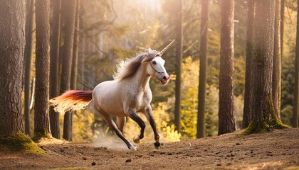 a beautiful unicorn running in the forest fantasy art