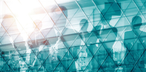 Wall Mural - double exposure image of faded business abstract background with office building and people conferen