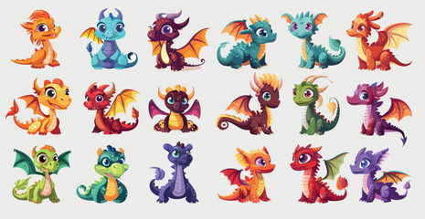 Wall Mural - Illustrations set of medieval creatures dragon babies, fairytale legends dino babies.