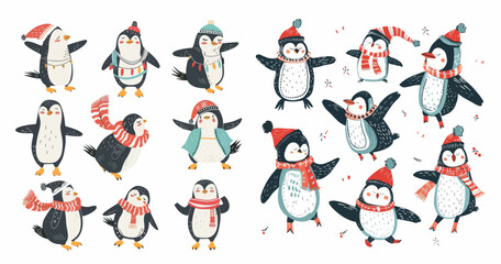 Canvas Print -  Christmas holiday penguins, Xmas holiday winter penguin characters isolated modern illustration set.