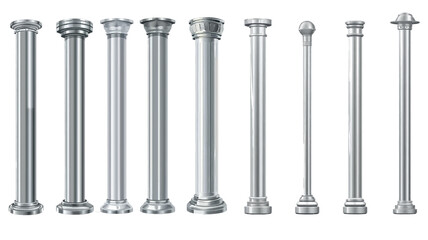 Realistic metal pole illustration set. Silver steel glossy, billboards, streetlamps and construction poles.