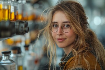 Young woman with glasses and casual attire looks at lab samples with curiosity
