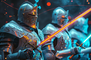 Wall Mural - Protective knights with glowing swords of technology guarding against unauthorized information access 