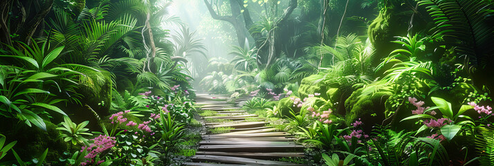 Wall Mural - Mysterious jungle path enveloped in fog, dense tropical foliage creating an atmosphere of adventure and wonder