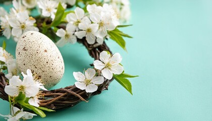 Wall Mural - tranquil easter setting featuring a speckled egg amidst delicate white blossom on a soft teal background copy space greeting card