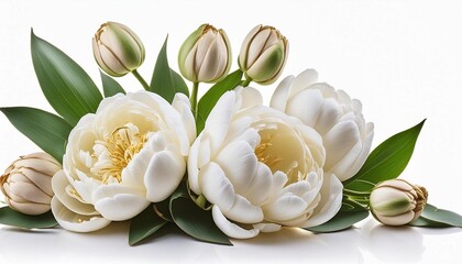Wall Mural - white peony tulip flowers in a corner arrangement isolated on white or transparent background