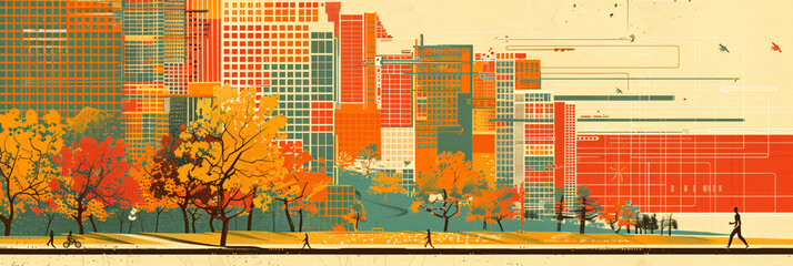 Urban park running scenes with autumn foliage and cityscape. Colorful illustration in modern retro style. Active lifestyle and urban escape concept. Design for poster, banner, and print