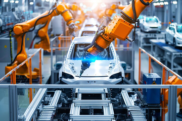 Wall Mural - Robotic arm precision at work in an EV manufacturing line, highlighting the digitalization and efficiency of modern car production 