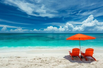 Tropical beach with bright orange umbrella and matching chairs on white sand.