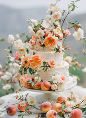 Wall Mural - Cake decorated with flowers and peaches, a beautiful dessert