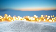 Festive Christmas Natural Snowy Landscape Abstract Empty Stage Background With Snow Snowdrift And Defocused Christmas Lights Blue And Yellow Golden Christmas Lights Against Blue Sky Copy Space