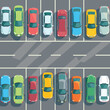 © Vectorvstocker - Top view parking lot cars neatly parked vehicles. Cartoon style car park different. Parking space area top view transport urban illustration