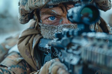 Wall Mural - An intense close-up of a soldier's eyes, camouflaged face aimed with his rifle
