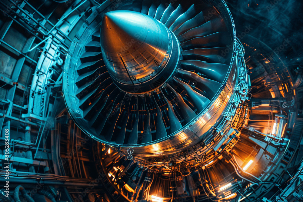 Jet Engine Interiro The complex interior of a jet engine during assembly, where precision ...