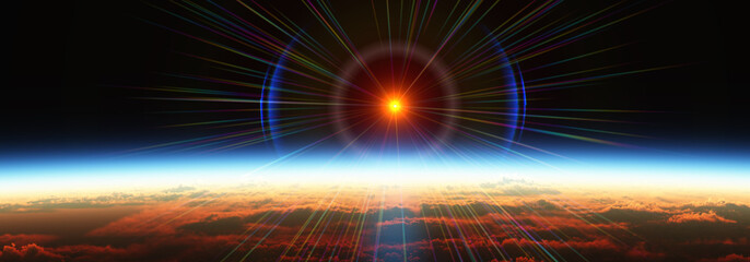 Wall Mural - earth sunrise from space over cloudy ocean. 3d rendering