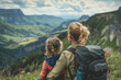 © Running opossum - Mother and daughter with backpacks sit overlooking a lush valley in the mountains, sharing a quiet moment of bonding in the beauty of nature