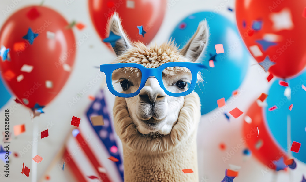 Funny Llama Alpaca With Blue Glasses And Us Flag Red And Blue Colors 