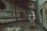 Fototapeta Mapy - A lone astronaut on a deserted space station, captured in the style of street photography.