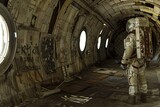 Fototapeta Mapy - A lone astronaut on a deserted space station, captured in the style of street photography.