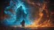 A digital painting of an epic scene featuring a powerful mage standing before his huge orc guardian made of blue and orange flames with stunning lighting.
