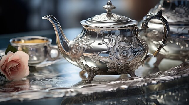 ornate silver tea set In the second photograph