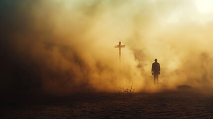 Wall Mural - Silhouette of a man in the desert with a cross in the smoke and dust under light the sun, religion concept. 
