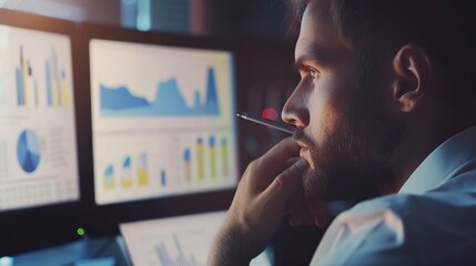 Canvas Print - Elegant office, finance professional analyzing complex charts, soft focus background, close-up on eyes 