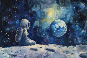 Wall Mural - Watercolor A lonely astronaut sitting on the moon, looking at the Earth  