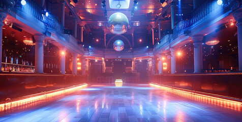 Aufkleber - Extreme wide angle front view of a nightclub interior. Generative AI.