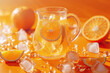 Vibrant image of a glass pitcher filled with fresh orange juice, surrounded by ice cubes, orange slices, and a splash of water on a warm, sunny background